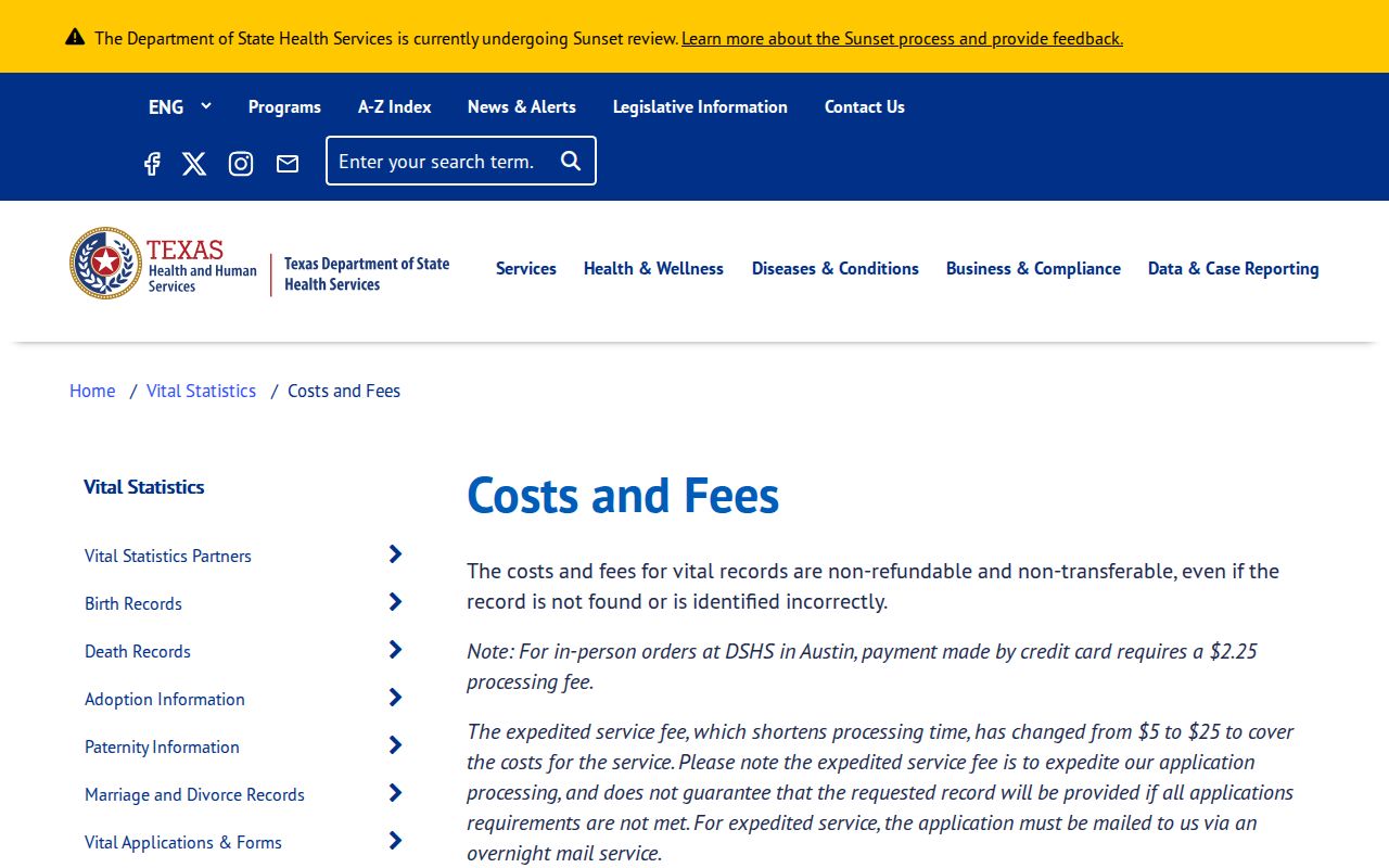 Pearland resident lookup reference for current Texas DSHS vital record fees